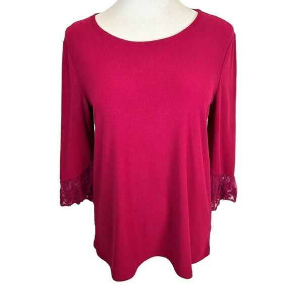 Love Scarlett Raspberry Dark Pink 3/4 Sleeve Blouse Stretchy Eyelet Lace Trim - Picture 1 of 5